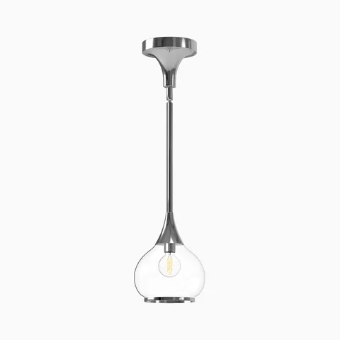 Chrome pendant light with long slender stem and clear glass globe shade.