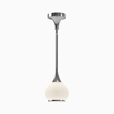 Chrome pendant light with long slender stem and matte opal glass globe shade.