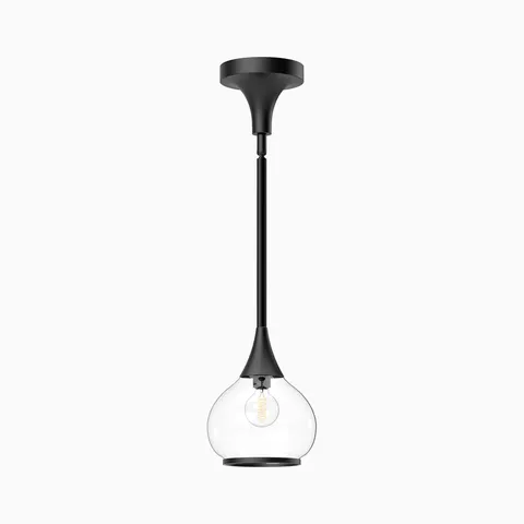 Matte black pendant light with long slender stem and clear glass globe shade.