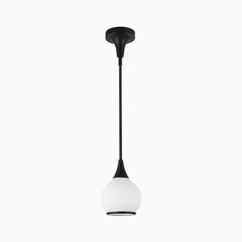 Matte black pendant light with long slender stem and matte opal glass globe shade.