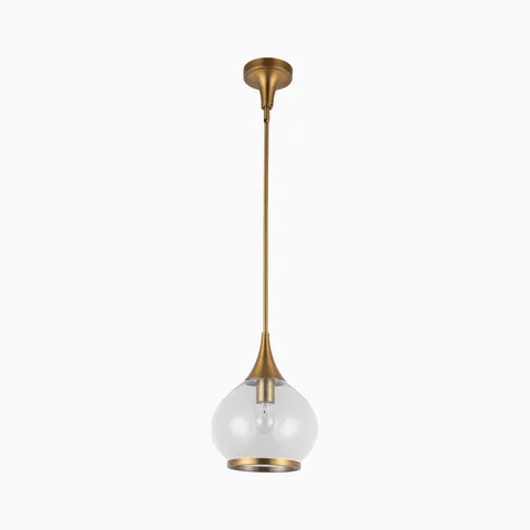 Aged gold pendant light with slender stem and clear glass globe shade.