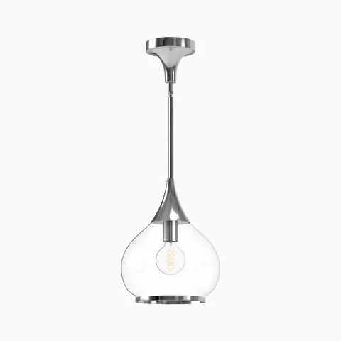 Chrome pendant light with slender metal stem and clear glass globe shade.