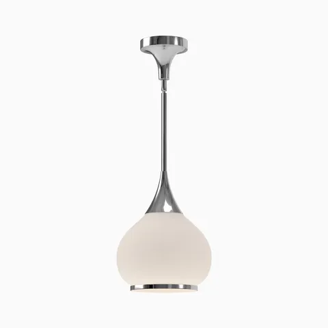 Chrome pendant light with slender metal stem and rounded matte opal glass globe shade.