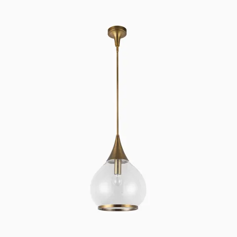 Aged gold pendant light with slender metal stem and clear glass globe shade.
