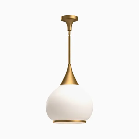 Aged gold pendant light with tapered metal stem and rounded matte opal glass globe shade.