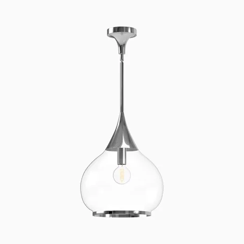 Chrome pendant light with tapered metal stem and clear glass globe shade.