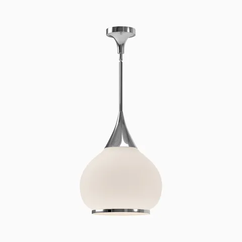 Chrome pendant light with tapered metal stem and rounded matte opal glass globe shade.