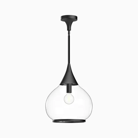 Matte black pendant light with tapered metal stem and clear glass globe shade.