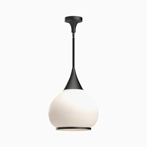 Matte black pendant light with tapered metal stem and rounded opal glass globe shade.