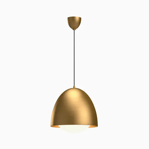 Brushed gold dome pendant light with a subtle metallic texture and integrated white diffuser, delivering soft focused lighting with a warm modern presence in kitchens or dining areas.