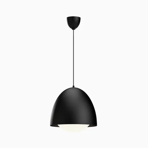 Matte black pendant light with a rounded dome shade and integrated white diffuser, delivering balanced downward lighting with a sleek minimalist look for modern interiors.