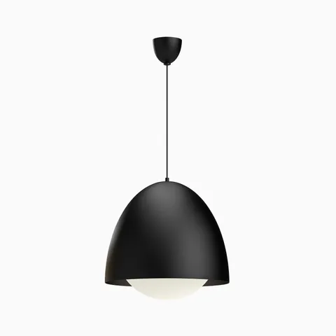 Matte black single light pendant with a smooth dome shade and softly diffused white underside, creating a bold minimalist profile suited for modern kitchens or dining areas.