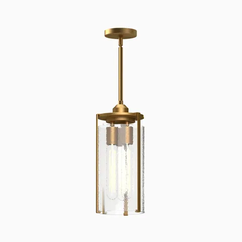 Brushed brass pendant light with cylindrical textured glass shade and exposed tube bulbs in a modern industrial style.
