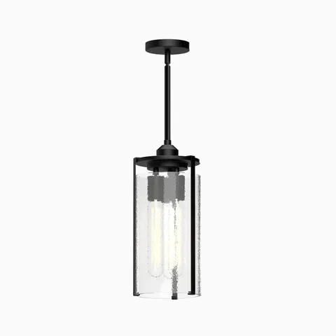 Black metal pendant light with cylindrical textured glass shade and exposed tube bulbs in a modern industrial style.