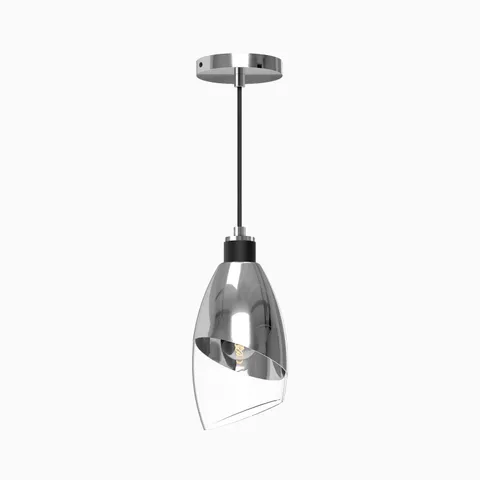 Chrome pendant light with reflective angled metal shade, black accent collar, and clear asymmetrical glass diffuser.