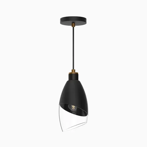 Matte black pendant light with angled metal shade, brass accents, and clear asymmetrical glass diffuser.