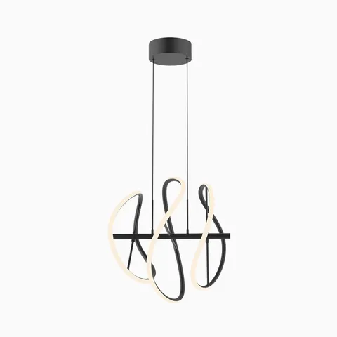 Modern black LED pendant chandelier with sculptural looping light bands, suspended by thin cables from a round black canopy.