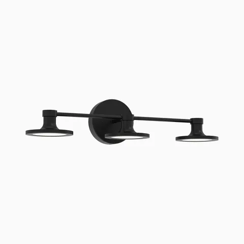 Matte black three-light wall sconce with a horizontal bar and three flat circular shades on a round backplate.