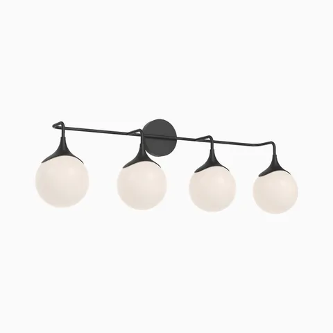 Matte black four light vanity wall fixture with curved arms and frosted glass globe shades aligned on a horizontal bar, providing balanced lighting for modern bathrooms.