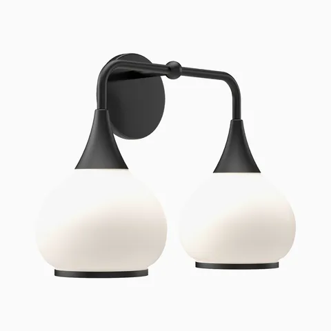 Matte black two-light wall sconce with opal glass globe shades.