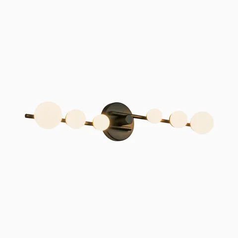 Modern LED vanity light with a dark bronze backplate and slim horizontal bar featuring six frosted glass globe bulbs, offering balanced illumination for contemporary bathroom mirrors.