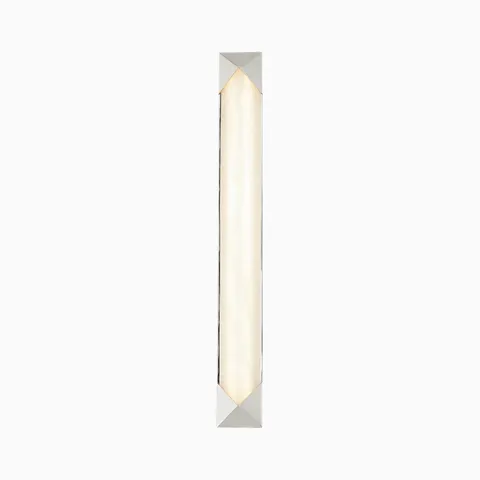 Slim vertical LED wall sconce with alabaster-style diffuser and crisp white geometric metal end caps.