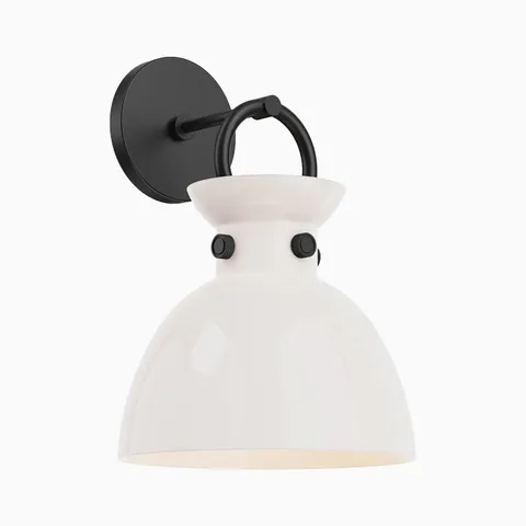 Black wall vanity light with a glossy white dome shade and arched handle detail, mounted on a circular backplate with visible hardware accents.