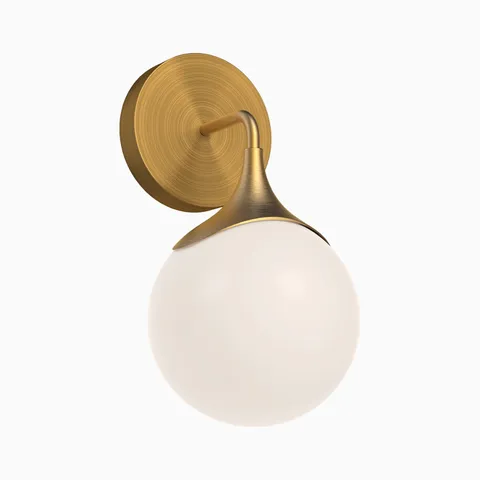 Brushed gold wall sconce with a curved metal arm and frosted glass globe shade, delivering soft diffused lighting for modern bathrooms, hallways, or bedside walls.