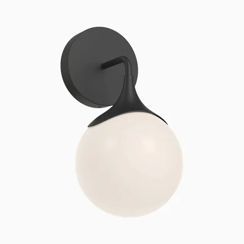 Matte black globe wall sconce with a rounded backplate and curved arm, offering warm diffused lighting with a minimalist modern look.