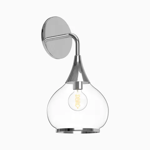 Chrome wall sconce with curved arm and round backplate, featuring a clear glass shade and exposed filament bulb.