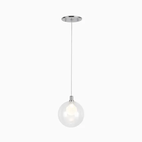 Modern LED pendant light with silver finish and clear glass globe shade.