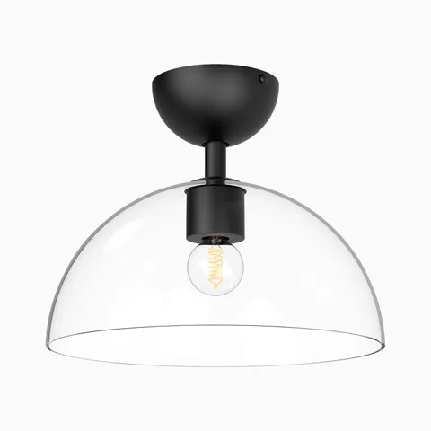 Matte black semi flush mount ceiling light with a clear dome glass shade and exposed filament bulb, offering a simple modern look that softly diffuses light across kitchens or hallways.