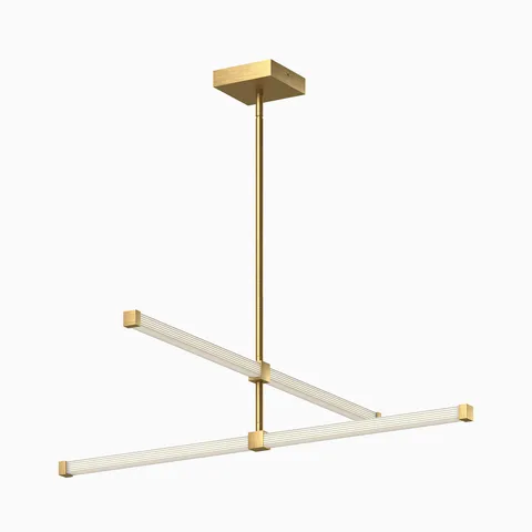 Modern LED linear pendant light with gold frame and intersecting illuminated bars.