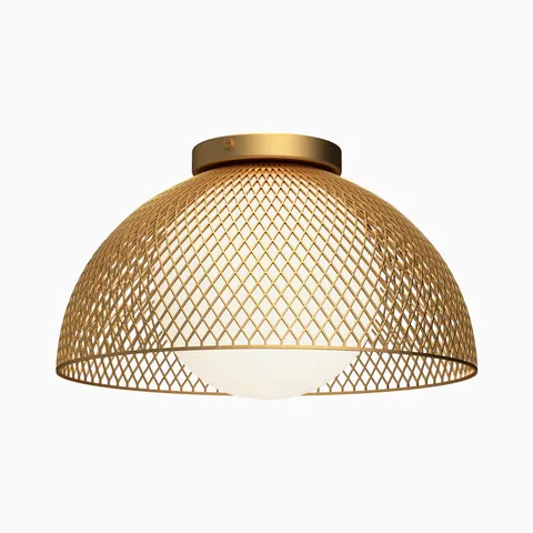Gold lattice metal shade with an opal glass globe diffuser.