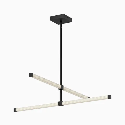 Modern LED linear pendant light with matte black frame and intersecting illuminated bars.