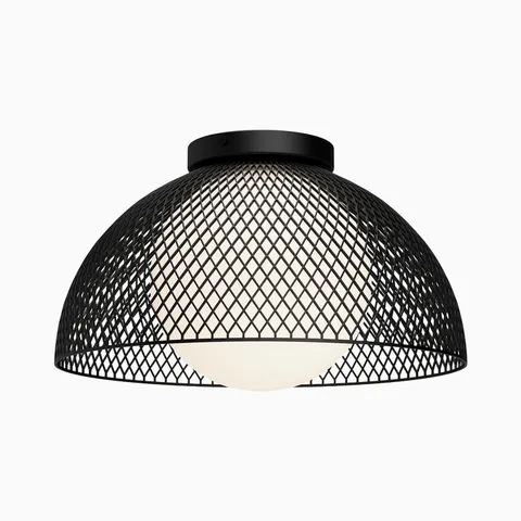 Matte black lattice metal shade with an opal glass globe diffuser.
