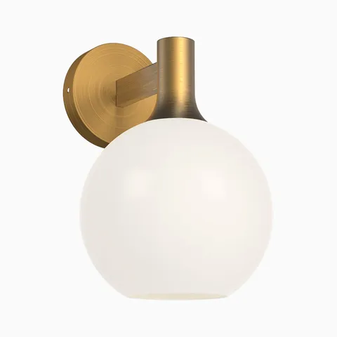 Wall sconce with frosted glass globe shade and brushed brass backplate and arm.