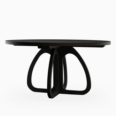 Round black wood dining table with a smooth, slim tabletop and an open sculptural pedestal base featuring curved supports for a modern, minimalist aesthetic.
