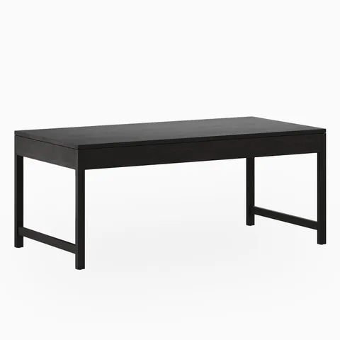 Ash dining table finished in a rich dark brown tone, shown with a streamlined top and minimalist base where slender posts keep it open and light, ideal for clean, modern spaces.