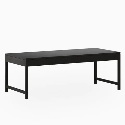 Ash wood dining table finished in deep Wenge, featuring a streamlined rectangular surface and an open base with slim posts connected by short-end stretchers.