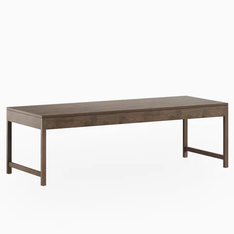 In matte walnut brown, the Thibault Walnut Dining Table, sized at 96" × 36", features a streamlined rectangular top with visible grain and slender posts joined by stretchers at the short ends.