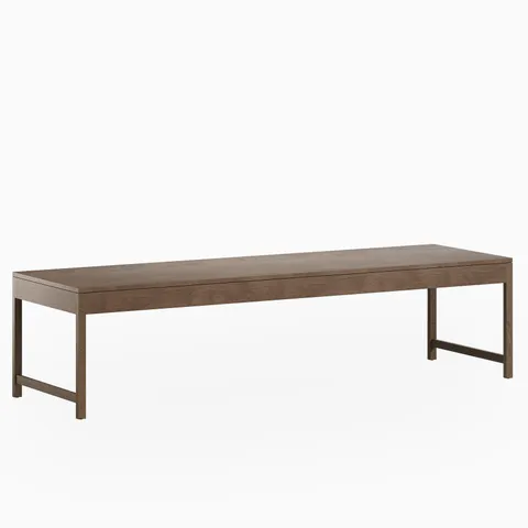 In a soft matte walnut brown, the Thibault Walnut Dining Table, sized at 120" × 36", features a long rectangular top with visible wood grain and a light, minimalist base.