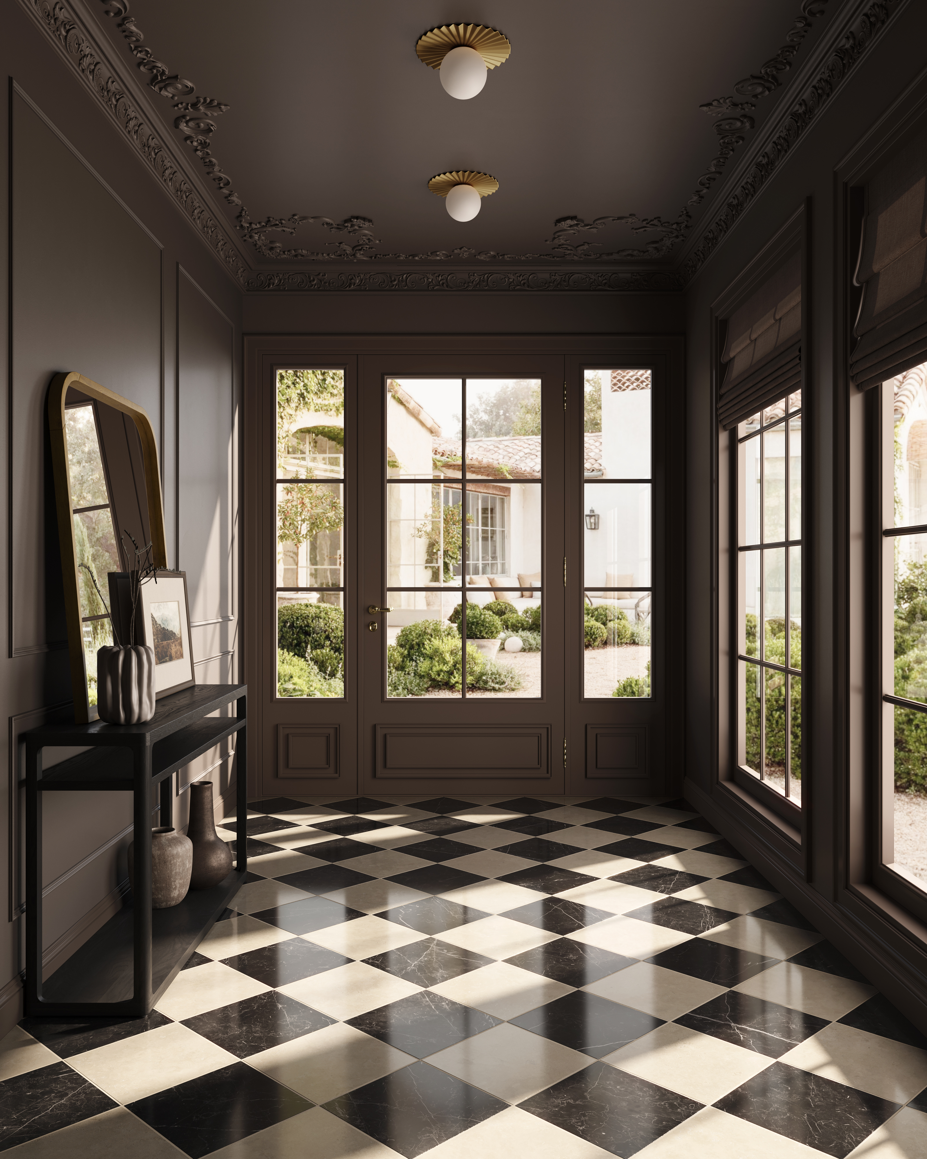 ネオクラシカル様式 真鍮×スモークガラス コンソールデスク　メダリオン装飾 Leona 12 x 12 Checkerboard Polished Porcelain Tile in Marfil and